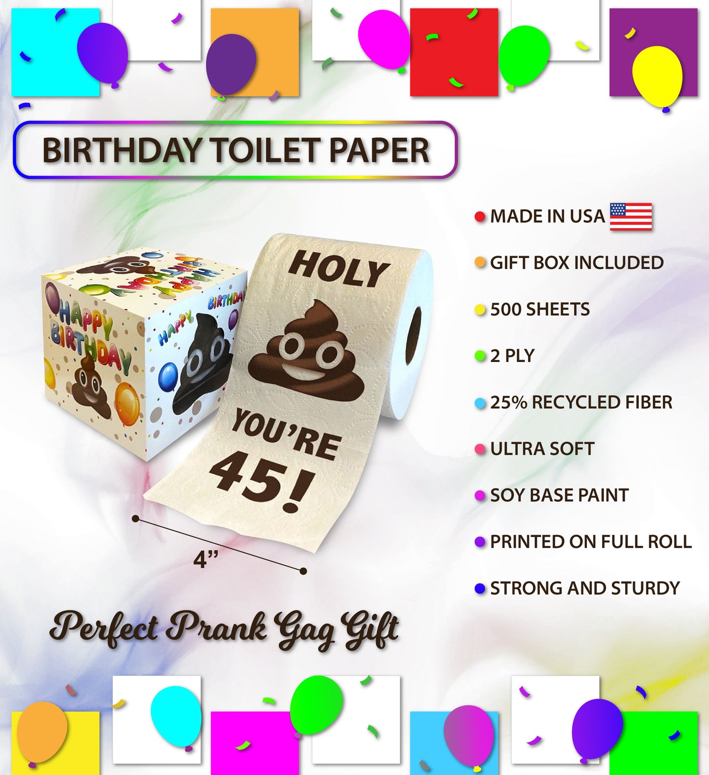 Printed TP Holy Poop You're 45 Funny Toilet Paper Roll Birthday Party Gag Gift