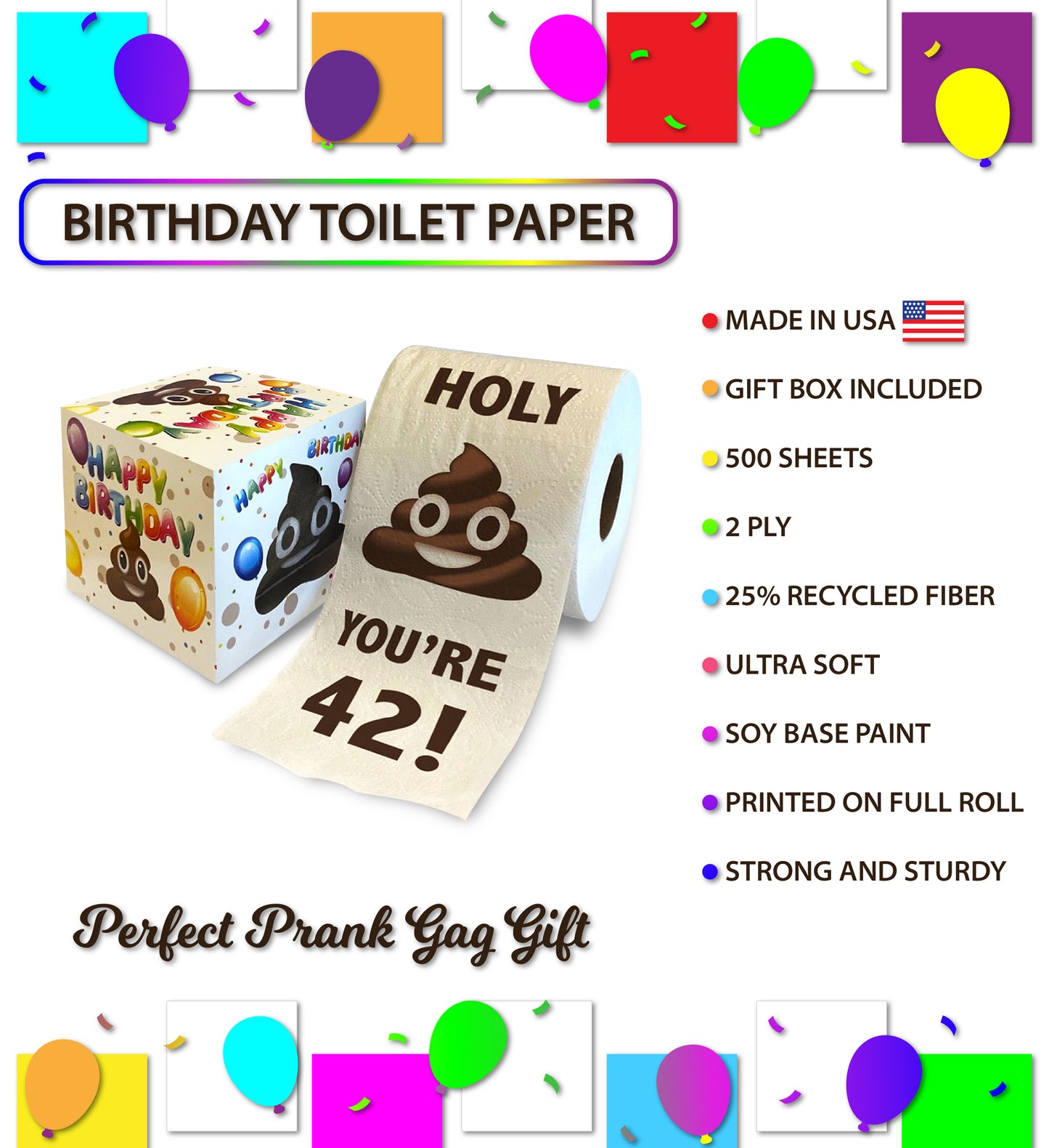 Printed TP Holy Poop You're 42 Funny Toilet Paper Roll Birthday Party Gag Gift